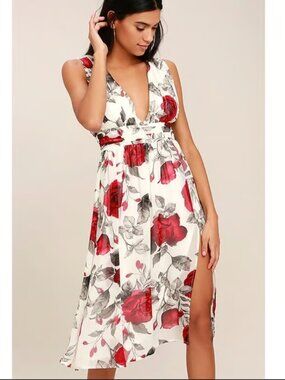 LULUS Dress L Floral Queen Of Hearts Midi Sleeveless Side Slit Lined Zipper